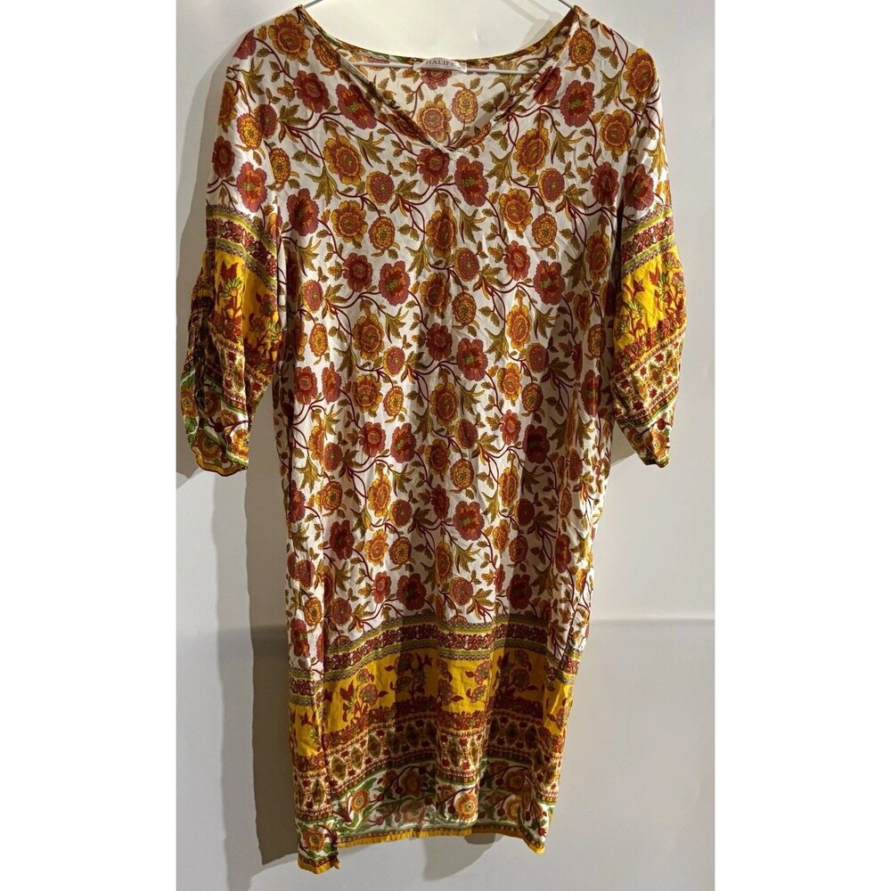 HALIFE Floral V-Neck Smocked Shift Knee Dress 3/4 Sleeve Women’s M Regular